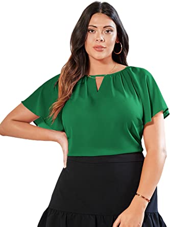 Milumia Women Plus Size Casual Cut Out Keyhole Flutter Sleeve Round Neck Blouse Tops