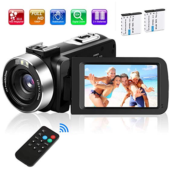 Video Camera Camcorder, Kmashi Digital Vlogging Camera for YouTube Full HD 1080P 30FPS 30.0MP 18X Digital Zoom Camcorder with 2 Batteries and Remote Control