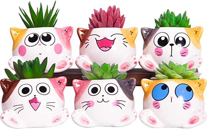 YINUOWEI Cute Succulent Pots with Drainage Cat Planters for Indoor Plants 3.4 Inch Tiny Animal Planters Mini Cat Pots Small Ceramic Flower Pots Cartoon Cactus Plant Pots with Bamboo Tray Set of 6