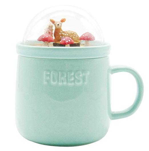 Bewaltz Personalized Forest Mug - Deer, Original Ceramic Coffee Tea Mug with beautifully made 3D miniature globe lid, 15 oz, Great for hot or cold drinks, Party Gifts, Birthday Gifts, Green