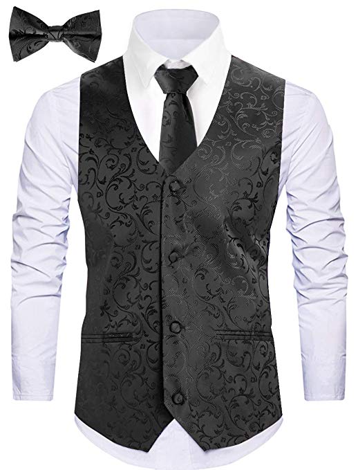 WANNEW 3PC Mens Vest Suit Vests Tuxedo Vest Formal Vests Paisley Vest for Men with Bow Tie & Tie