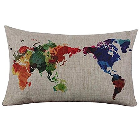 Willtoo 20" x 12" Modern Fashion Watercolor World Map Colorful Burlap Pillow Cases Cushion Covers