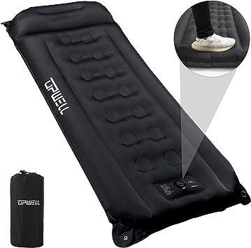 UPWELL Sleeping Pad for Camping, 6 Inch Thick Self Inflating Sleeping Mat with Pillow & Built in Foot Pump - Extra Wide Camping Mattress - Ultimate for Backpacking, Hiking, Traveling, Black