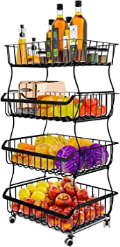 Seed Spring 4 Tier Fruit Basket – Stackable Wire Basket Cart with Rolling Wheels – Fruits Vegetable Kitchen Storage Cart Pantry Laundry Organizer – Black