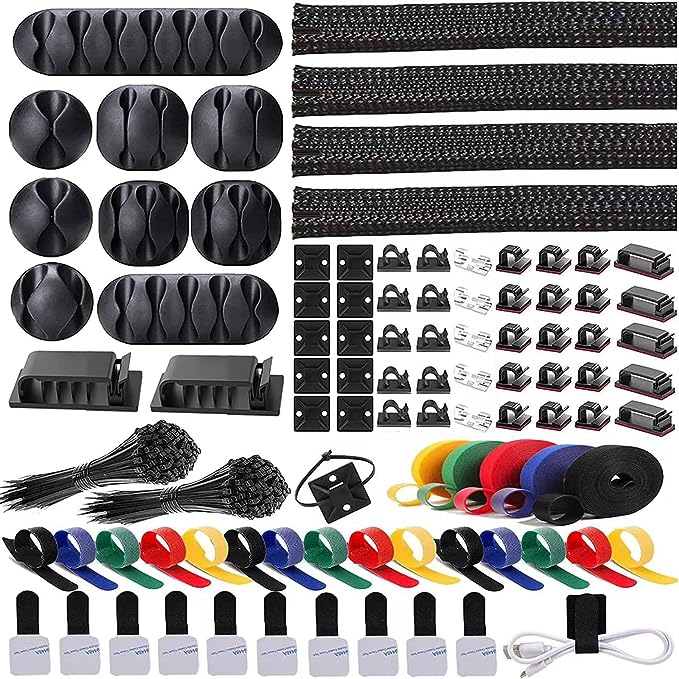 ELII 300PCS Cable Management Kit,4 Cable Sleeve 35 Cable Clips With 11Cord Holders,15 5Roll Cable Organizer Straps and 200 Fastening Cable Ties,20 Cable Zip Tie Mounts for Computer TV Under Desk