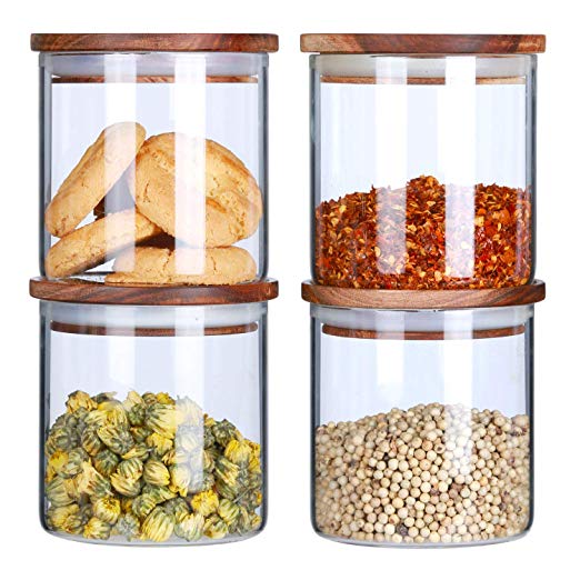 Glass Canisters Set For The Kitchen Glass Storage Jars With Airtight Wood Lid Airtight Food Storage Containers Stackable Sugar Salt Containers Coffee Loose Tea Candy Jars 18Floz 4-Piece Set