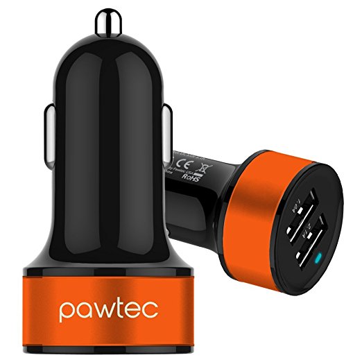 Pawtec Signature Mini Dual USB Car Charger 5V 3.1A/15W High-Speed For iPhone 7, 7 Plus, 6s 6 Plus, 6s 6, SE, iPad Pro / mini, Galaxy S7 Note 6, HTC, Nexus, Android Devices with Storage Sleeve (Black)