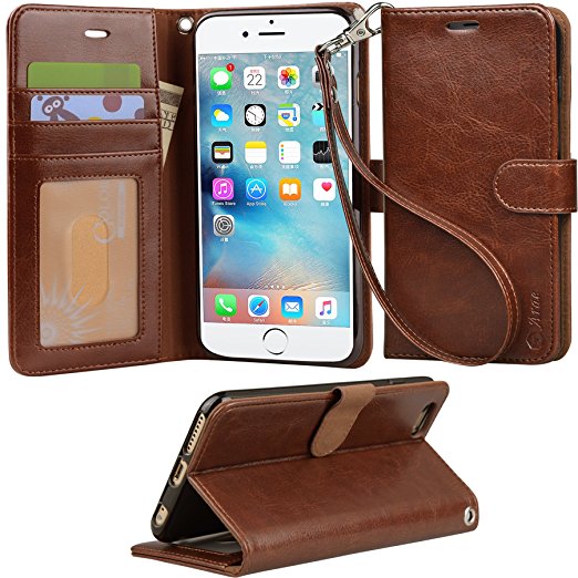 Iphone 6s Plus Case, iphone 6 plus case, Arae [Wrist Strap] Flip Folio [Kickstand Feature] PU leather wallet case with ID&Credit Card Pockets For Apple Iphone 6 plus/ 6S Plus 5.5 (Dark Brown)