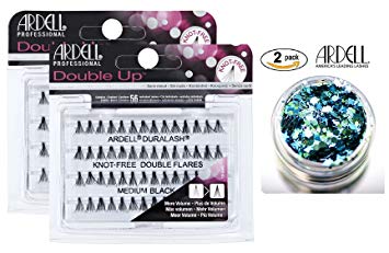 Ardell DOUBLE UP Duralash, KNOT-FREE DOUBLE FLARES, Medium Black, Contains 56 Individual Lashes (2-PACK with bonus Skin/Hair Glitter) (FLARES KNOTFREE - Medium Black)