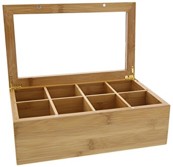 Tea Box - Wooden Tea Bag and Condiments Storage Organizer Caddy with Clear Lid, 8 Compartments, 11.5 x 6.5 x 4 Inches