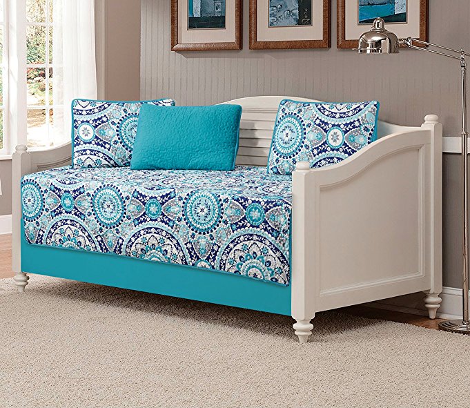 Mk Collection 5pc Daybed quilted Floral Turquoise Teel Blue Grey new #185