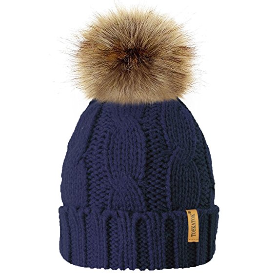 TOSKATOK® Ladies Chunky Soft Cable Knit Hat With Cosy Fleece Liner and Detachable Faux Fur Pompom