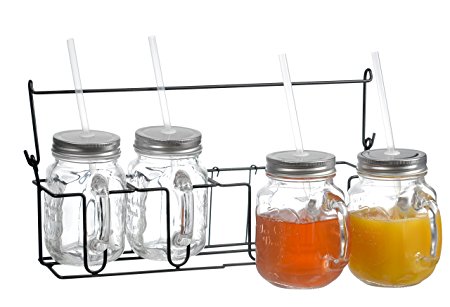 Zeesline Set of Four (4) 16-oz Clear Glass Mason Jars Mugs with Handles, Metal Lids and Drinking Straws, Including Caddy Holder with a Handle, Home and Party Drinkware Set…