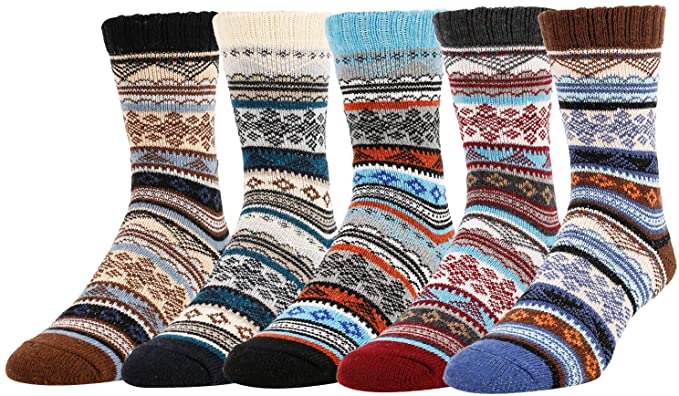 5 Pack Mens Soft Warm Thick Knit Wool Cozy Crew Socks Vintage Fall Winter