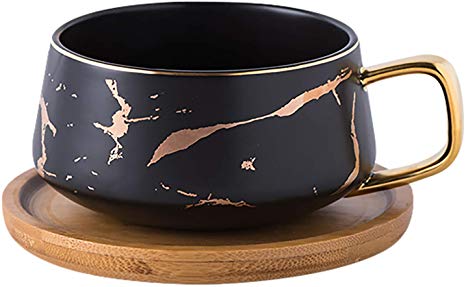 Jusalpha 10 oz Golden Hand Print Tea Cup And Saucer Set/Coffee Cup And Bamboo Saucer Set FDTCS19 (Black)