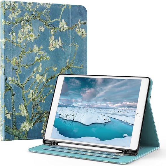 OKP Case for  iPad 9th Generation 2021 / 8th Generation 2020/ 7th Gen 2019 10.2 inch Case with Multi-Angle Viewing PU Leather Flio Stand Cover with Pencil Holder & Pocket, Auto Sleep/Wake, Greenflower