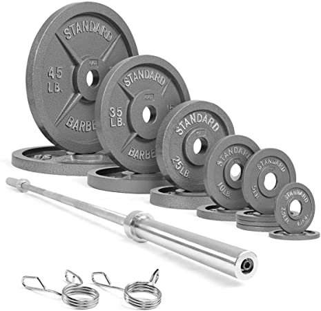 WF Athletic Supply 290lb & 300lb & 555lb Traditional / Classic Olympic Weight Plates Set with 7 ft. Olympic Barbell, Great for Strength Training, Weightlifting, Bodybuilding & Powerlifting