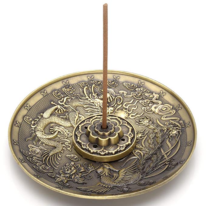 Jovivi Brass Incense Holder - Lotus Stick Incense Burner and Dragon and Phoenix Cone Incense Holder Backflow with Ash Catcher(5 Holes)