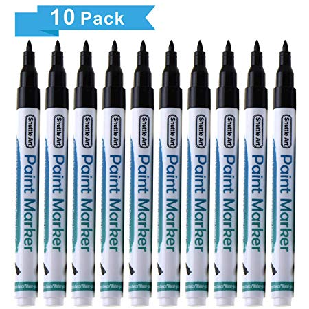 Black Paint Pens, Shuttle Art 10 Pack Acrylic Paint Markers, Low-Odor Water-Based Quick Dry Paint Markers for Rock, Wood, Metal, Plastic, Glass, Canvas, Ceramic