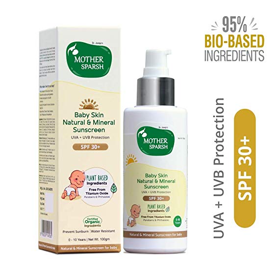 Mother Sparsh Natural Baby Sunscreen Lotion with Organic Ingredients, SPF 30+, Plant derived 95% Bio Based Ingredients - UVA/UVB Protection, 100ml