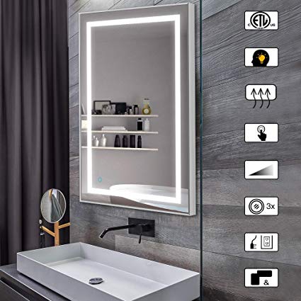 AI-LIGHTING Bathroom Mirror with Lights Large Dimmable LED Makeup Vanity Brushed Metal Mirror with Lights Touch Button Horizontal/Vertical Anti-Fog (Brushed Aluminum, 20x28inch)