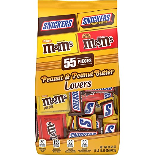 Mars Chocolate SNICKERS & M&M'S Assorted Chocolate Candy Fun Size Peanut & Peanut Butter Lovers Variety Pack, 31.58 oz Bag,Yellow