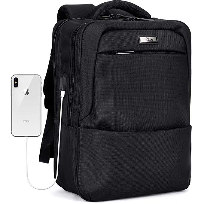 Laptop Backpack for Men with USB Charging Port Canvas Travel Large Business Waterproof Rucksack Bag Fits 15.6 Inch Black