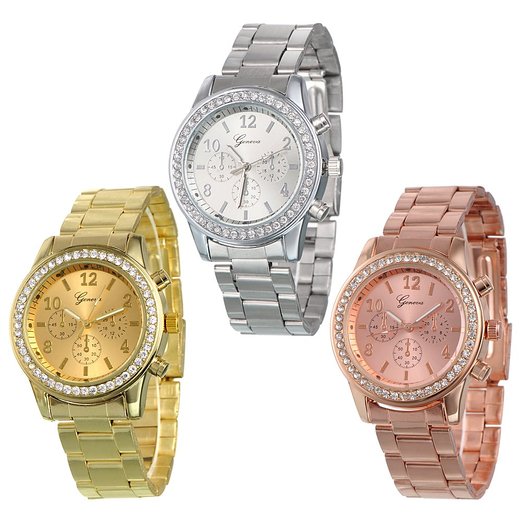 3 PACK Geneva Silver Gold and Rose Gold Plated Classic Round CZ Ladies Boyfriend Watch