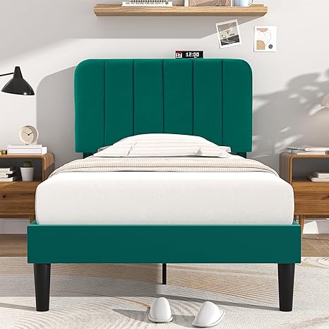 VECELO Twin Size Upholstered Bed Frame with Adjustable Headboard, Velvet Platform Bedframe Mattress Foundation, Strong Wood Slat Support, No Box Spring Needed, Dark Green