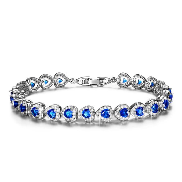Qianse Heart Shaped Ocean Blue Corundum Around Clear Zirconia Tennis Women Bracelet Copper Jewelry