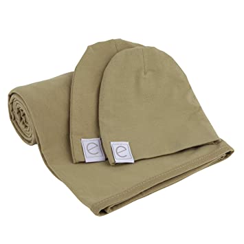 Ely's & Co Cotton Knit Jersey Swaddle Blanket and 2 Beanie Baby Hats Gift Set, Large Receiving Blanket (Khaki)