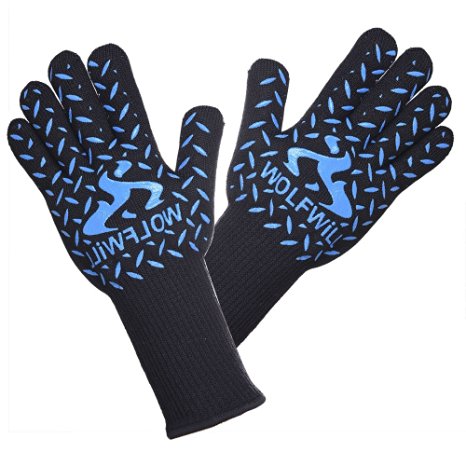 WOLFWILL 500℃/932℉ Extreme Heat & Cut Resistant Gloves w/ Super Long Forearm Protective Cuff for Baking Cooking Welding Grilling BBQ Oven Microwave-Black (Blue Patterns)