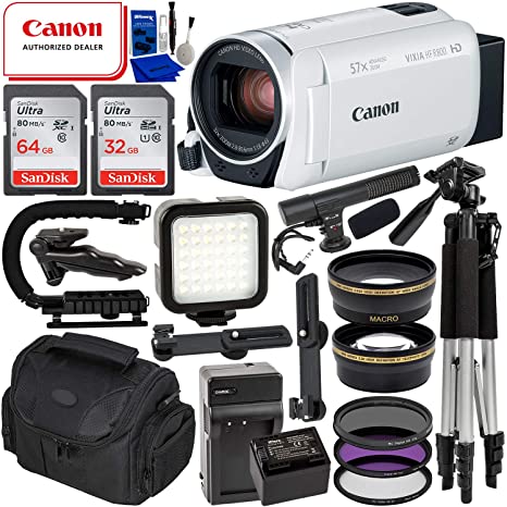 Canon VIXIA HF R800 Camcorder (White) & 14PC Deluxe Accessory Bundle - Includes: SanDisk Ultra 64GB & 32GB SD Memory Cards   Extended Life BP727 Replacement Battery   Mini Condenser Microphone   More