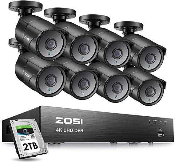 ZOSI Ultra HD 4k Security 8 Camera System, H.265  4K 8 Channel Surveillance DVR Recorder with 8 x 4K (8MP) CCTV Bullet Camera Outdoor Indoor,100ft Night Vision, 2TB Hard Drive, Remote Access