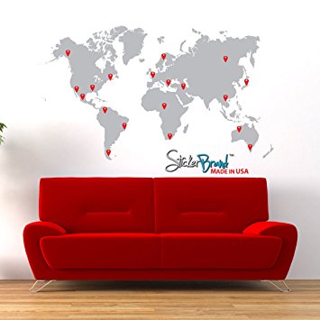 Stickerbrand Vinyl Wall Art World Map w/ Pins Wall Decal Sticker - GREY Map w/ Red, Black, White & Grey Pins, 40" x 70". Easy to Apply & Removable.