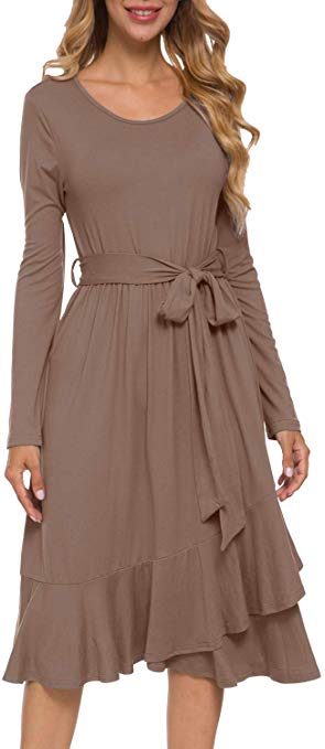 levaca Women's Plain Long Sleeve Flowy Modest Midi Work Casual Dress with Belt