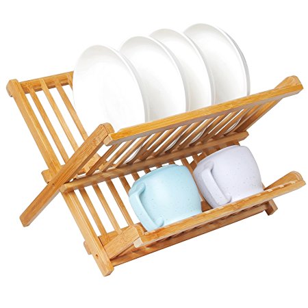 Artmeer Collapsible Bamboo Dish Rack, Holding Plate Holder, Cup Drying Strainer