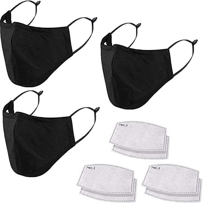 Cloth Face Mask, 3Pack 3-Ply Adult Washable Face Masks, Adjustable Ear Straps, Reusable Black Face Mask with Filter Pocket