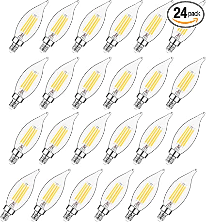 E12 Candelabra LED Light Bulbs 60 Watt Equivalent, CA10 Flame Tip Candle Light Bulbs Dimmable, 2700K Soft White, E12 LED Bulb Clear Glass, for Chandeliers, Ceiling Fan, Pendant, 24 Pack