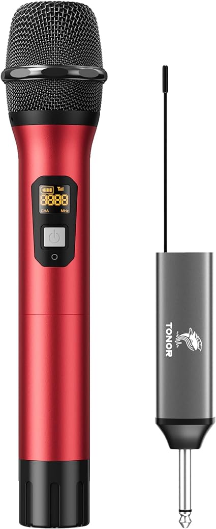 TONOR Wireless Microphone, UHF Metal Cordless Handheld Mic System with Rechargeable Receiver, for Karaoke, Singing, Party, Wedding, DJ, Speech, 200ft (TW620), Red