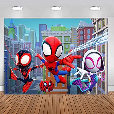 7x5 FT Spiderman and His Amazing Friends Background Cloth,Cartoon for Spiderman Theme Boy Kids Birthday Party Photo Backdrop Decoration