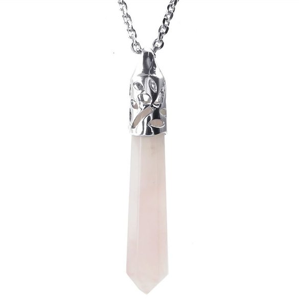 KONOV Womens Rose Quartz Hexagonal Prism Natural Gemstone Crystal Pendant Necklace, 24 inch Chain, Pink