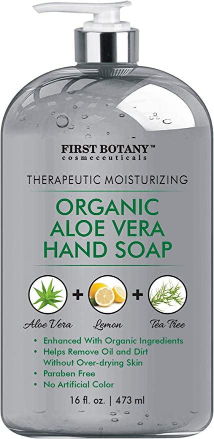 Organic Aloe Vera Hand Soap - Liquid Hand Wash with Organic Tea Tree Oil & Organic Lemon Oil- Multipurpose Hand Cleansing Gel in Pump Dispenser - Natural Bathroom Soap - 16 fl oz