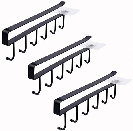 Art Secret Multi-function 3pcs × 6 Hooks Mug Holder Under Cabinet Coffee Cup Hanger for Kitchen, Armoire and Any Thickness of 0.8 inch or Less Shelves (Black)