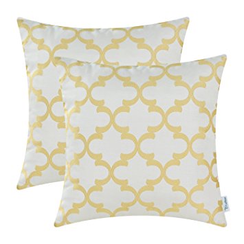 Pack of 2 CaliTime Throw Pillow Covers 18 X 18 Inches Both Sides, Quatrefoil Accent Geometric, Gold