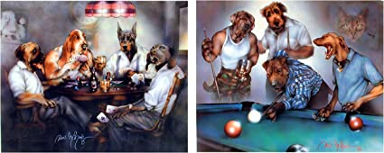 Wall Decor Picture Dogs Playing Pool Dan And Dogs Playing Poker Cards Two Set Funny Animal Art Print Poster (8x10)