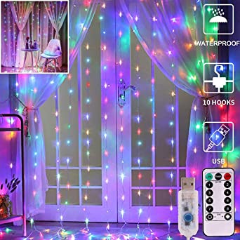 LED Curtain Lights, 8 Modes Waterproof Remote Control USB Powered String Lights, Fairy String Lights for Indoor, Home, Garden, Wedding,Christmas Party Birthday Decoration 3x3m300 LED(Colorful)