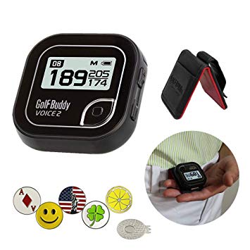 GolfBuddy Voice 2 Golf GPS/Rangefinder Bundle with 1 Magnetic Hat Clip and 5 Ball Markers and Belt Clip (Black)