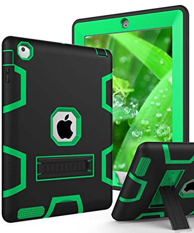 TIANLI(TM) ArmorBox [Three Layer] Convertible [Heavy Duty] Full-Body Rugged Hybrid Protective With KickStand Case For iPad 2 /iPad 3 /iPad 4,Black Green