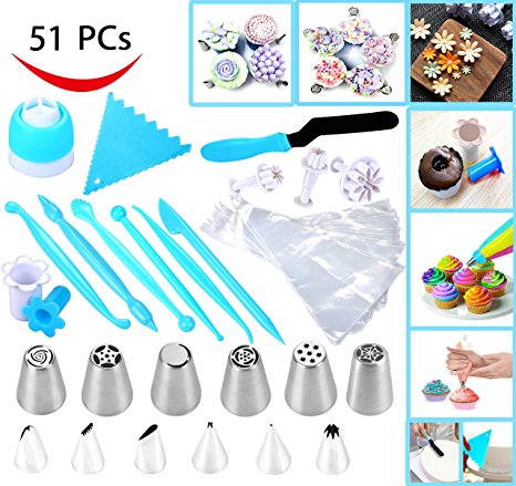 Joiedomi 51 Pieces Cake Icing and Decorating Kit Including 12 Stainless Steel Icing Tips, 25 Disposable Decorating Bags, Tri Color Coupler, Icing Spatulas, Icing Smoother, Cupcake Corer and More